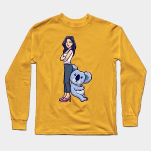 Cute Girl Posing With Koala Cartoon Long Sleeve T-Shirt